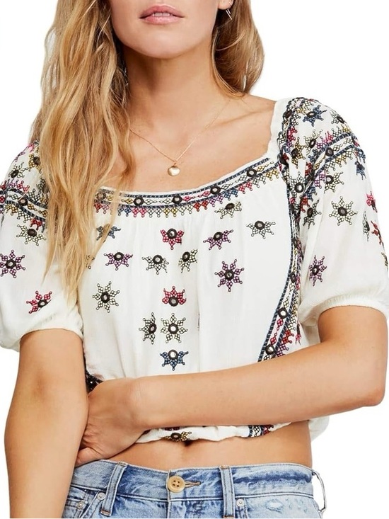 Free People Tops - Free People Aurora Embroidered blouson top cropped boho